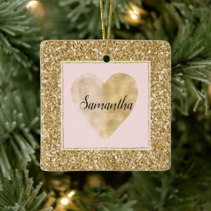 Gold Glitz Glitter Heart Name Ceramic Ornament