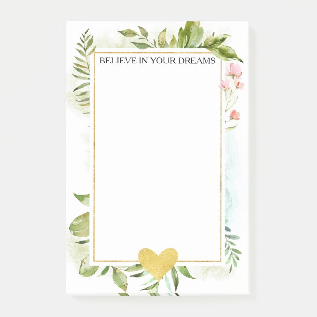 Gold Glitz Heart Floral and Leaves Post-it Notes (Front)