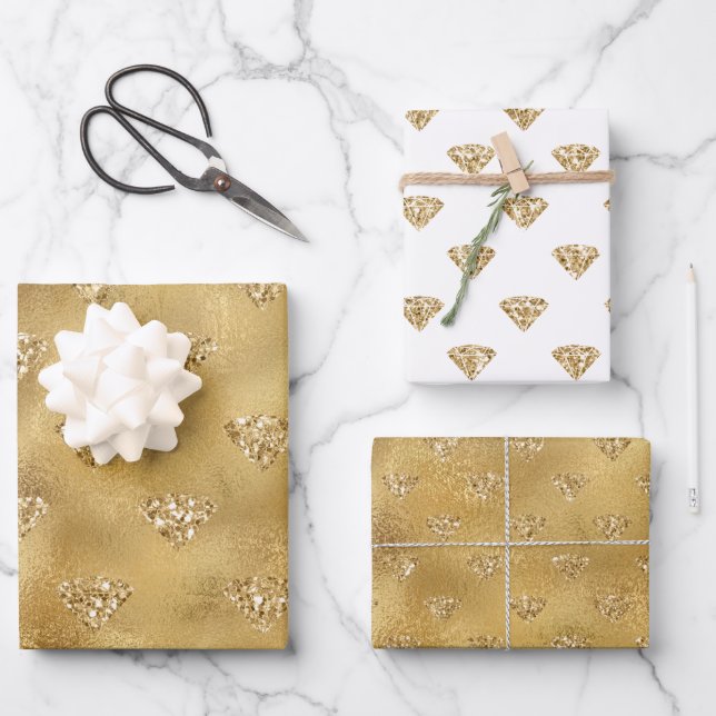 Gold glitz sparkle glitter diamonds wrapping paper sheets (Front)