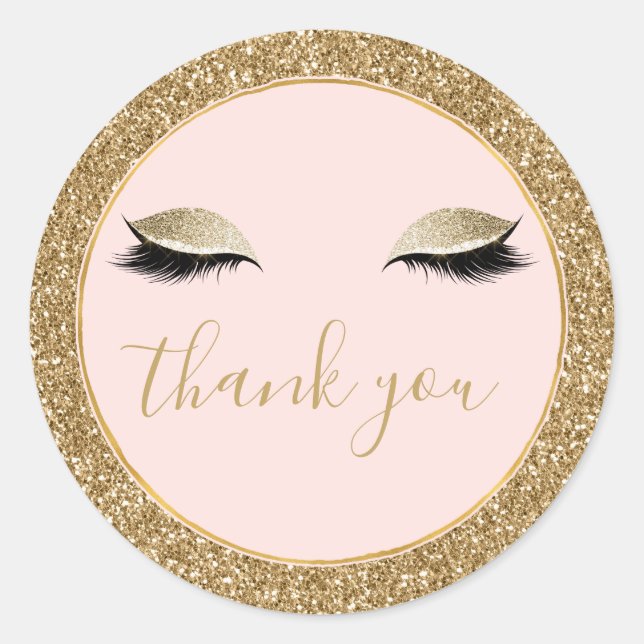 Gold Glitzy Black Eyelashes Thank you Classic Round Sticker (Front)