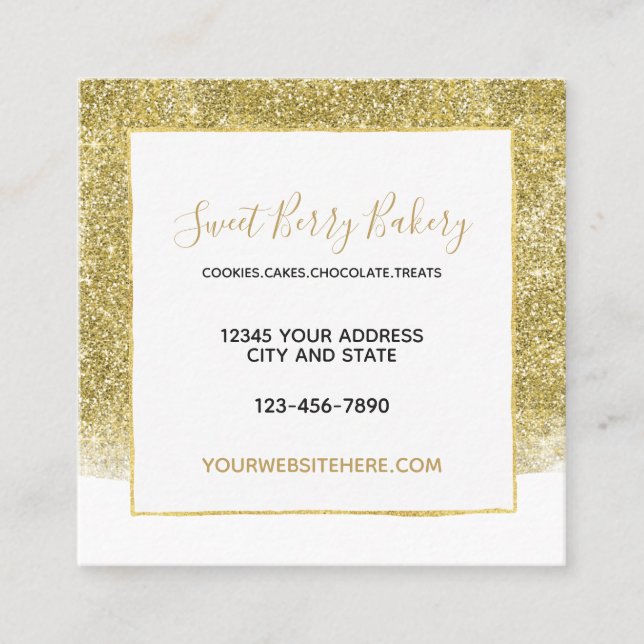 Gold Glitzy Faux Glitter Square Business Card (Front)