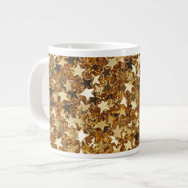 Gold Glitzy Glam Sparkle Stars Giant Coffee Mug (Front Left)
