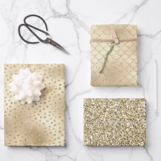 Gold Glitzy Glitter Dots Mermaid Wrapping Paper Sheets (Front)