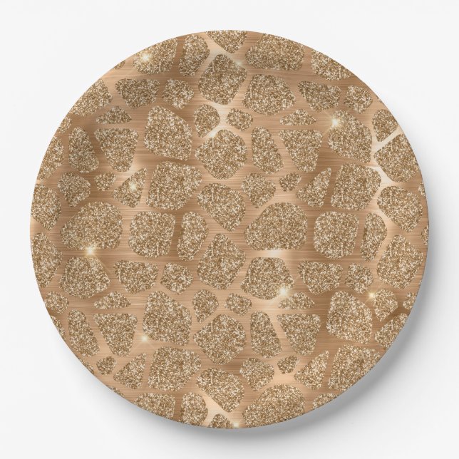 Gold Glitzy Glitter Giraffe Print Paper Plates (Front)