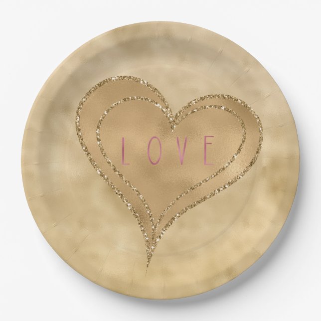 Gold Glitzy Glitter Love Heart Paper Plates (Front)