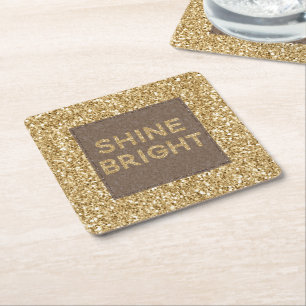 Gold Glitzy Glitter Shine Bright Square Paper Coaster