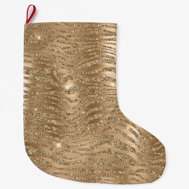 Gold Glitzy Glitter Sparkle Zebra Print  Large Christmas Stocking (Front)