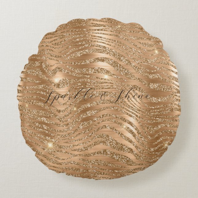 Gold Glitzy Glitter Zebra Print Round Pillow (Front)