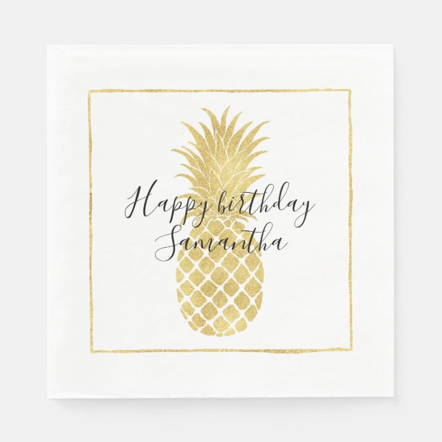 Gold Glitzy Pineapple Birthday Paper Napkins (Front)