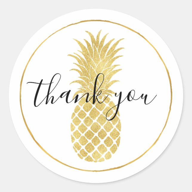 Gold Glitzy Pineapple Thank you Classic Round Sticker (Front)