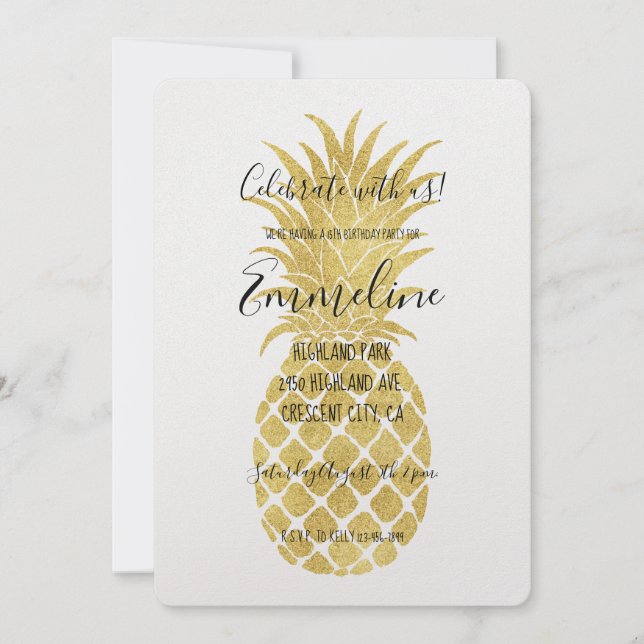 Gold Glitzy Pineapples Birthday Invitation (Front)