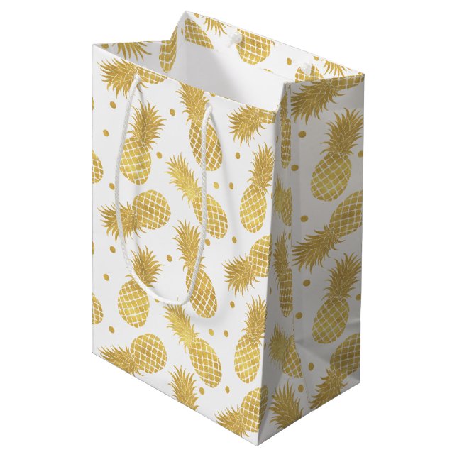 Gold Glitzy Pineapples Medium Gift Bag (Front Angled)