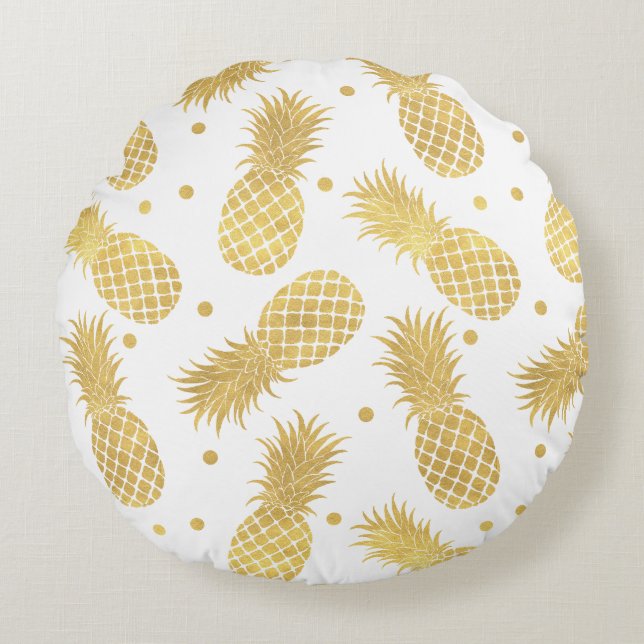 Gold Glitzy Pineapples Round Pillow (Front)