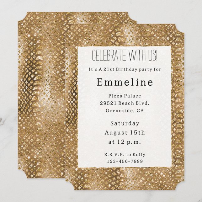 Gold Glitzy Snake Skin Animal Glam Invitation (Front/Back)