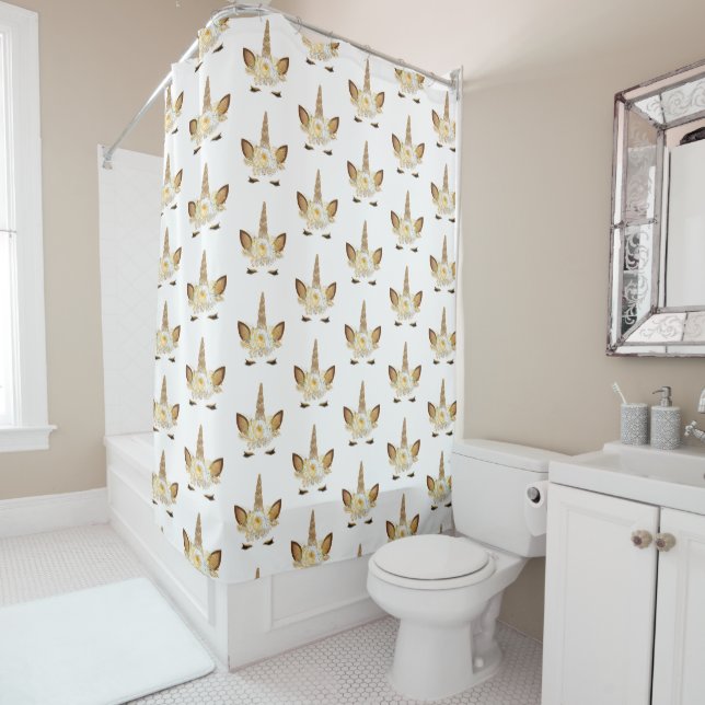 Gold Glitzy Sparkle Unicorn Shower Curtain (In Situ)