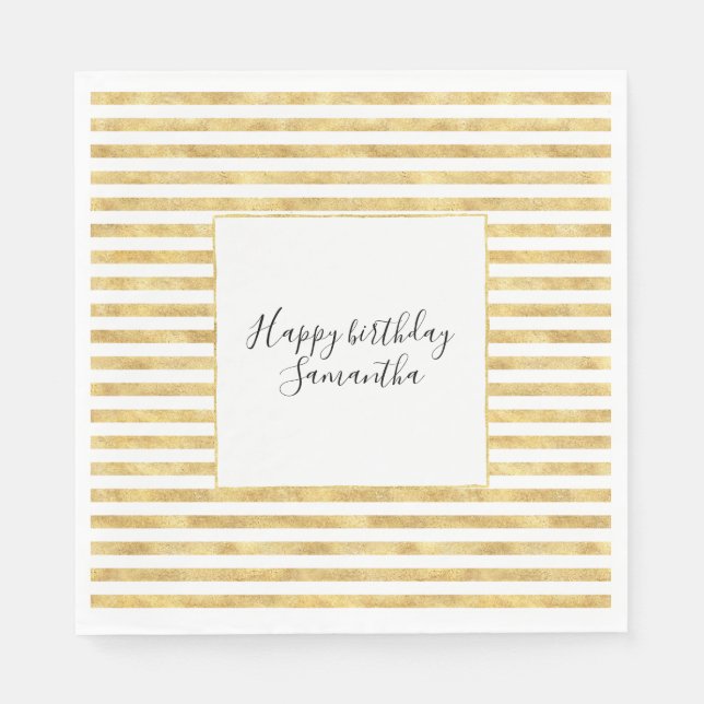 Gold Glitzy Stripes Birthday Paper Napkins (Front)