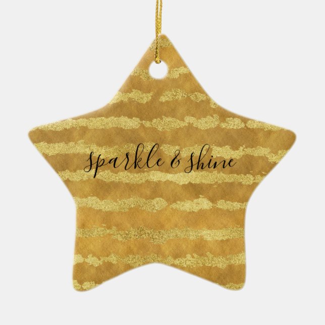 Gold Glitzy Stripes Sparkle Shine Ceramic Ornament (Front)