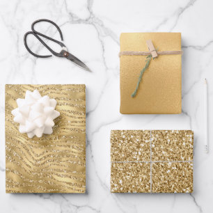 Gold Glitzy Zebra Print Glitter Wrapping Paper Sheets