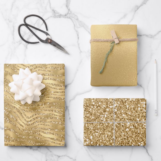 Gold Glitzy Zebra Print Glitter       Wrapping Paper Sheets (Front)