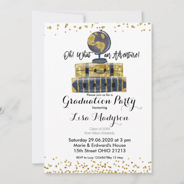 Gold Globe Adventure Graduation Party Invite card (Front)