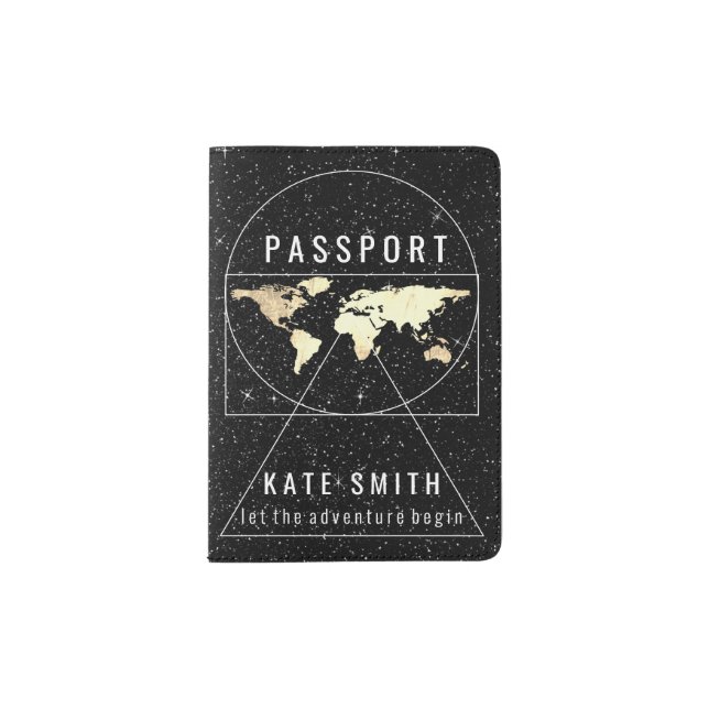  Gold Globe Earth World Map Name Glitter Black Passport Holder (Front)