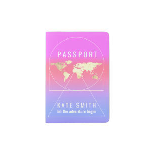 Gold Globe Earth World Map Name Pink Blue Passport Holder