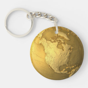 Gold Globe - Metal Earth. North America, 3d Render Keychain