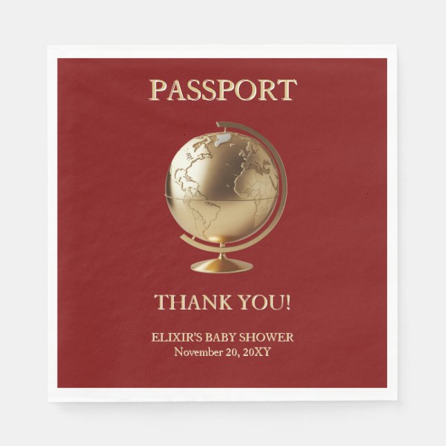 Gold Globe Passport Travel Baby Shower Napkins (Front)