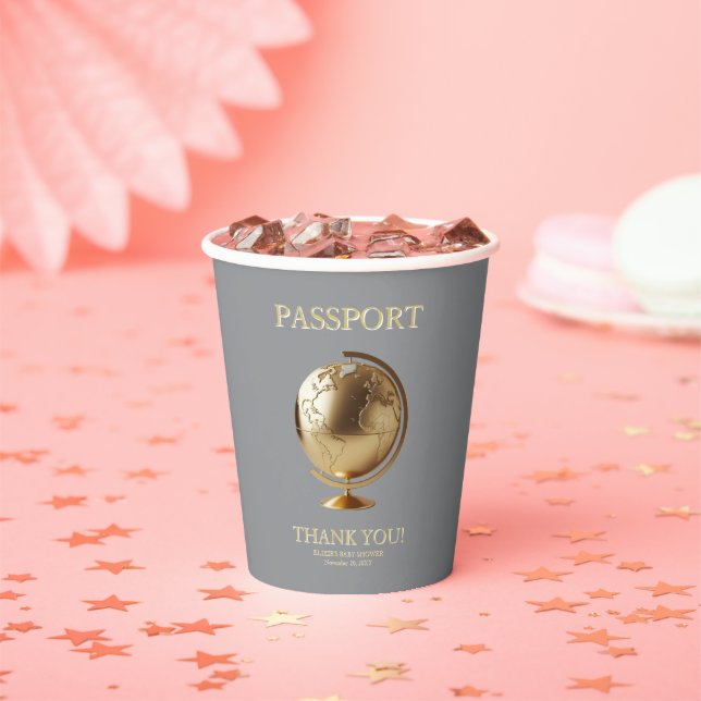 Gold Globe Passport Travel Baby Shower Paper Cups (Insitu)