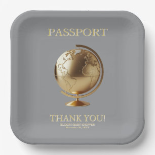 Gold Globe Passport Travel Baby Shower Paper Plates