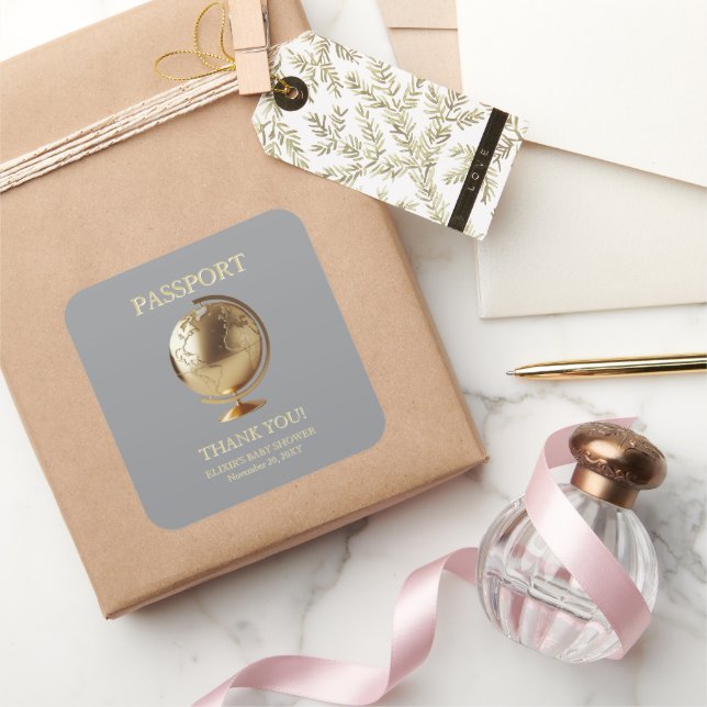 Gold Globe Passport Travel Baby Shower Square Sticker (Gifting)