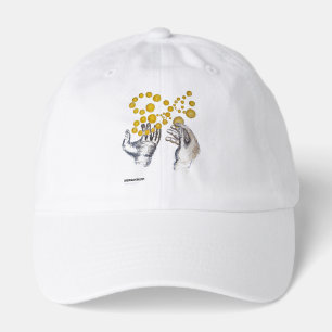 Gold globes float outstretched hands hat