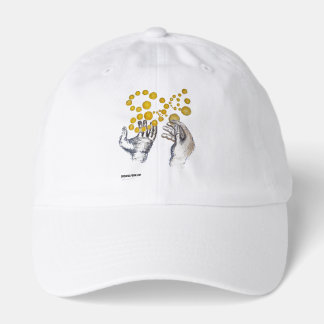 Gold globes float outstretched hands hat
