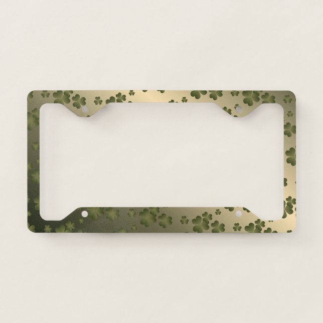 Gold Glow Green Shamrock Pattern License Plate Frame (Front)