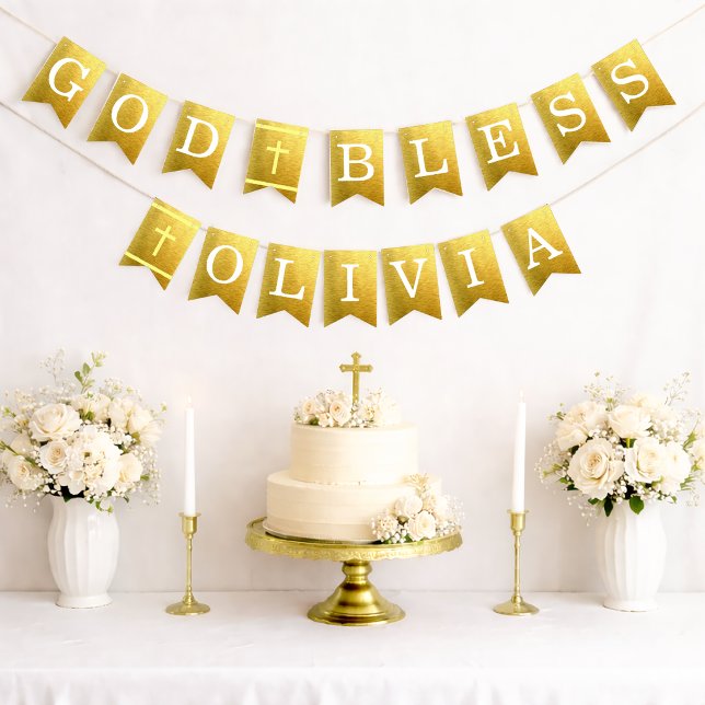 Gold God Bless 6 Letters Name Baptism Communion Bunting Flags (Creator Uploaded)