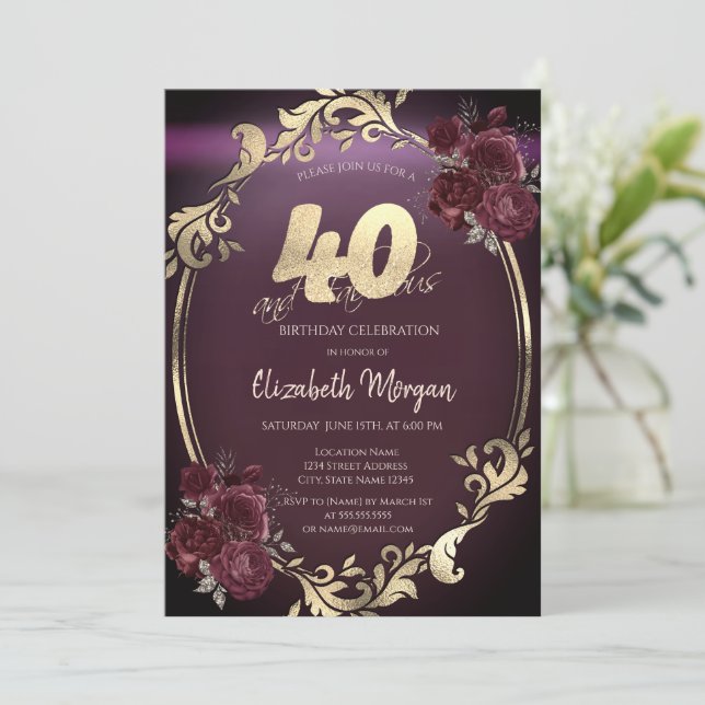 Gold Gold Frame Burgundy Roses 40th Birthday Invitation (Standing Front)