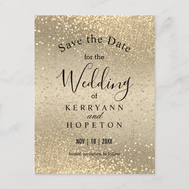 Gold & Gold Glitter - Save The Date Announcement  (Front)