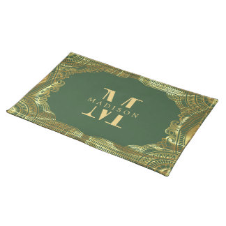 Gold Gold Ornate Royal Swirls Frame Monogram Cloth Placemat