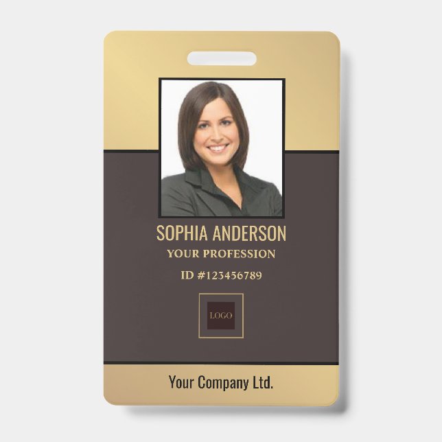 Gold Golden Custom Employee Photo, Bar Code, Logo  Badge (Front)