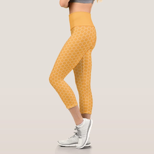 Gold Golden Honeycomb Hexagon Pattern Capri Leggings (Left)