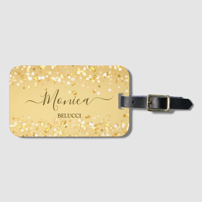 Gold golden sparkles personalized luggage tag (Front Horizontal)