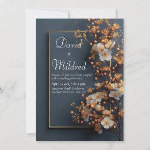 Gold Goldenrod White Floral Slate Blue Wedding Invitation