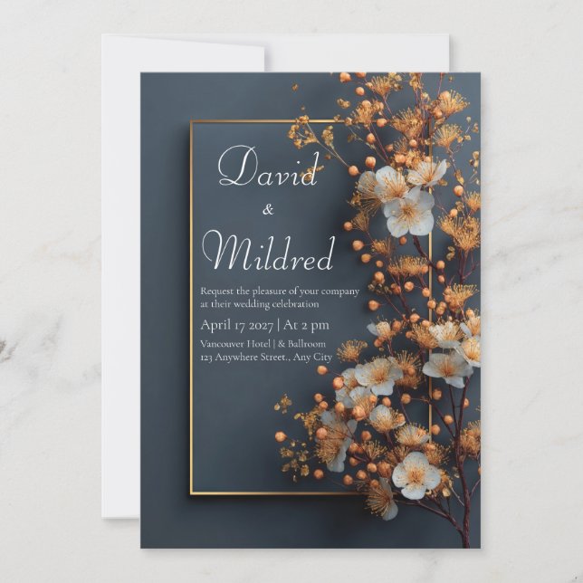Gold Goldenrod White Floral Slate Blue Wedding Invitation (Front)