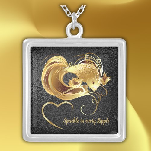 Gold goldfish on black foil monogram  silver plated necklace