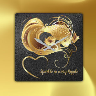 Gold goldfish on black foil monogram square wall clock