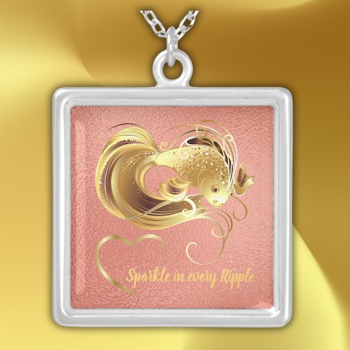 Gold goldfish on coral foil monogram  silver plated necklace