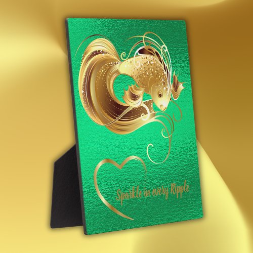 Gold goldfish on green foil monogram  plaque