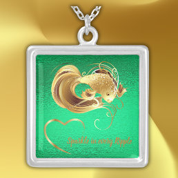 Gold goldfish on green foil monogram | silver plated necklace