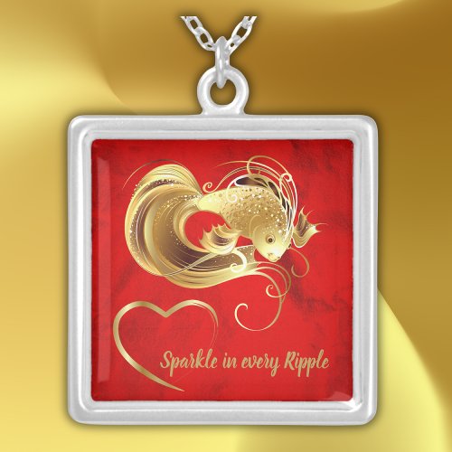 Gold goldfish on red foil monogram  silver plated necklace