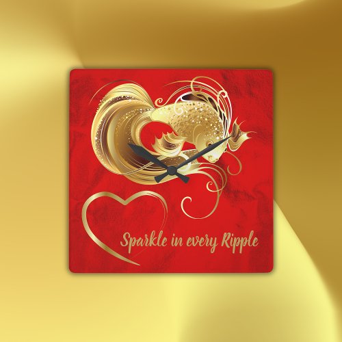 Gold goldfish on red foil monogram  square wall clock